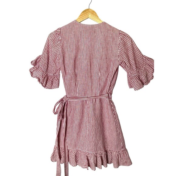 Reformation XS Kelsey Dress Red & White Linen Stripes Ruffles Mini Wrap Dress - Picture 5 of 10